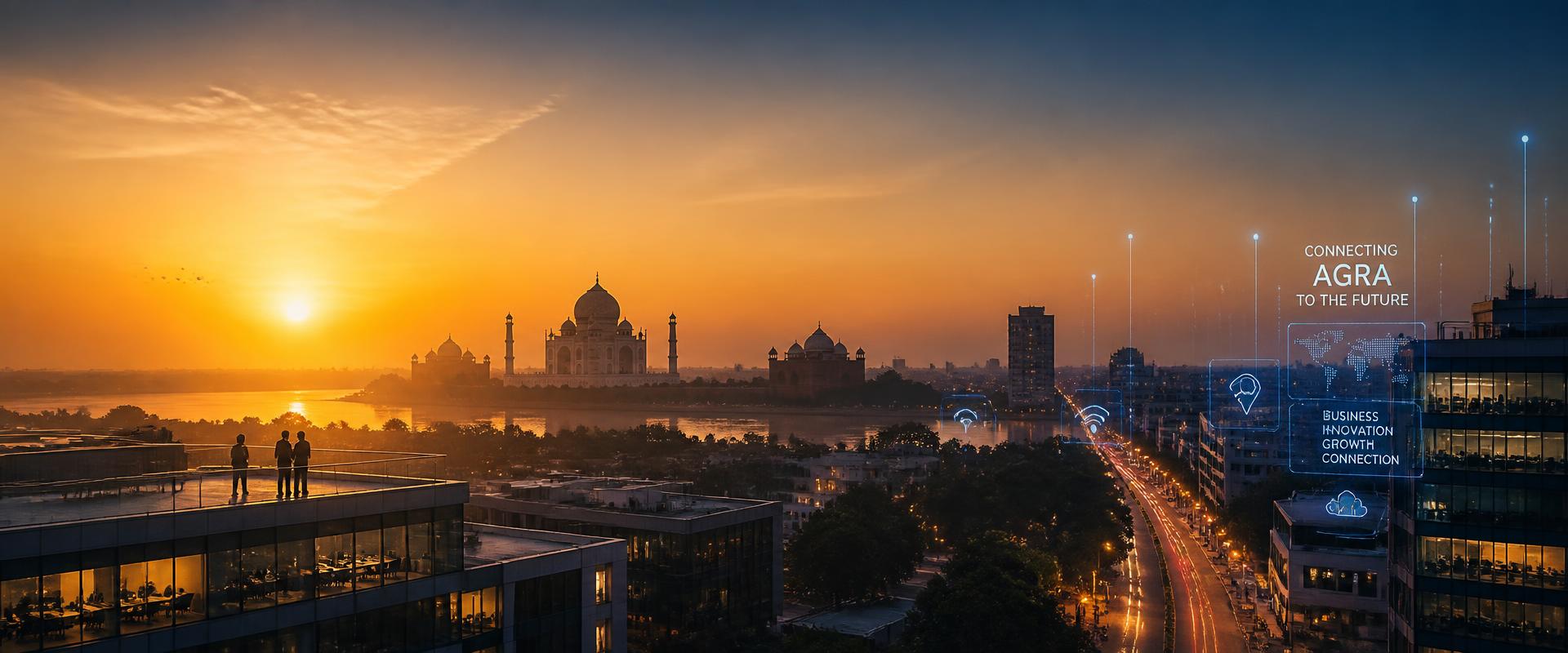 Agra city skyline at golden hour with digital overlay